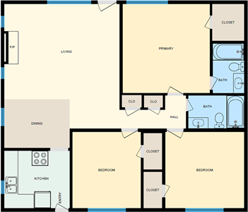 Three Bedroom / Two Bath -1229 Sq.Ft.*